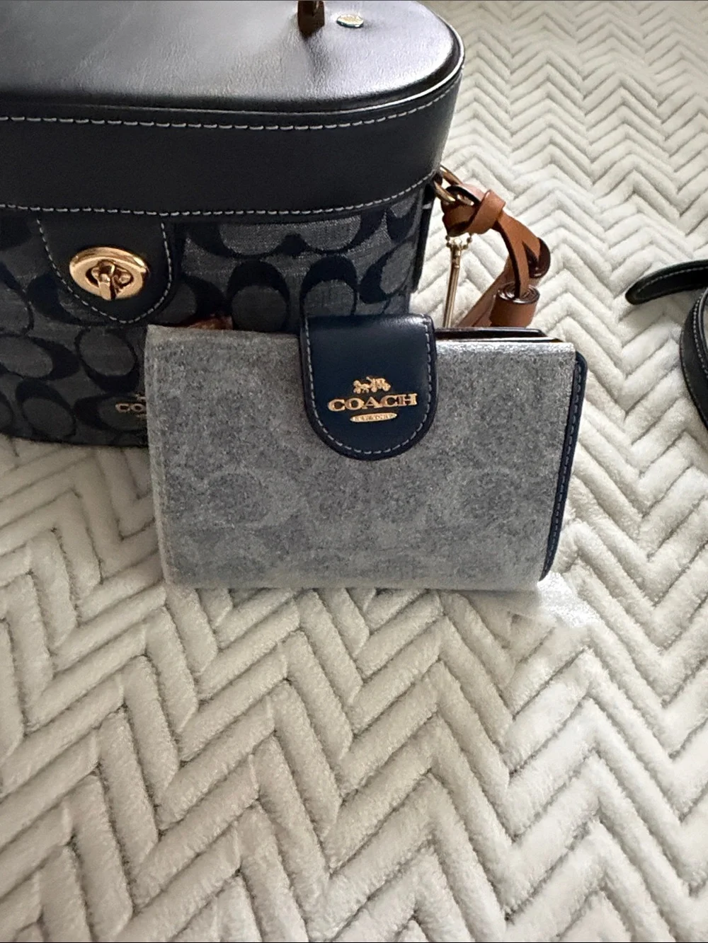 Coach Gray Felt Wallet with Navy Leather Trim and Gold Logo